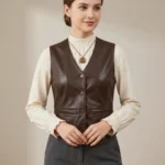 Women’s Dark Brown Leather Vest V-Neck Button Front Tailored Waistcoat front