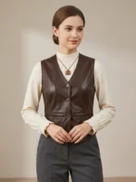 Women’s Dark Brown Leather Vest V-Neck Button Front Tailored Waistcoat front