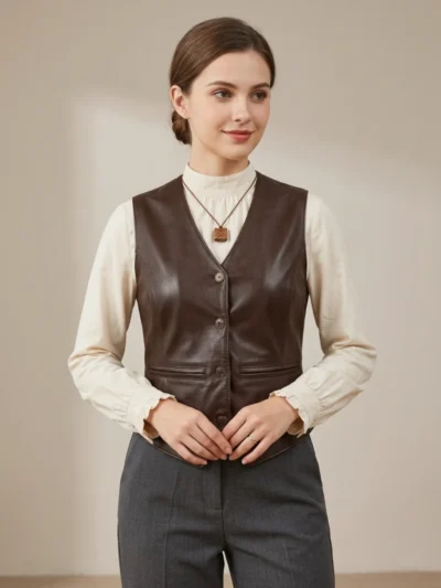 Women’s Dark Brown Leather Vest V-Neck Button Front Tailored Waistcoat front