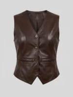 Women’s Dark Brown Leather Vest V-Neck Button Front Tailored Waistcoat front