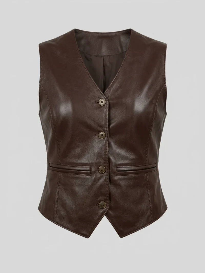 Women’s Dark Brown Leather Vest V-Neck Button Front Tailored Waistcoat front