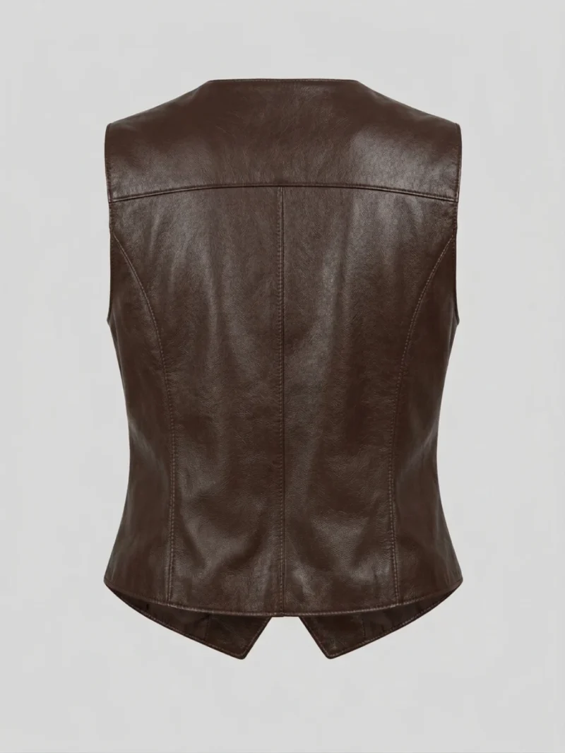 Women’s Dark Brown Leather Vest V-Neck Button Front Tailored Waistcoat back
