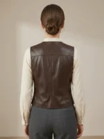 Women’s Dark Brown Leather Vest V-Neck Button Front Tailored Waistcoat back