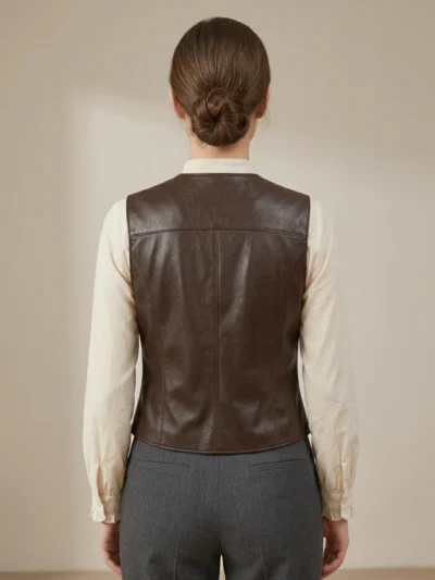 Women’s Dark Brown Leather Vest V-Neck Button Front Tailored Waistcoat back
