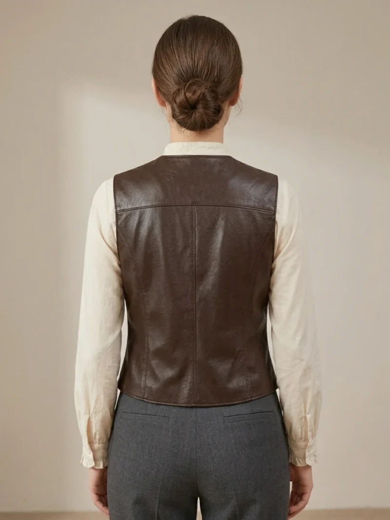 Women’s Dark Brown Leather Vest V-Neck Button Front Tailored Waistcoat back