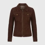 Womens Dark Brown Suede Jacket with Chest Pockets Classic Zip Style