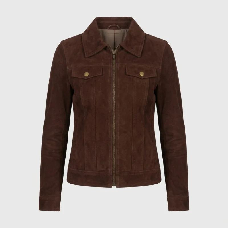 Womens Dark Brown Suede Jacket with Chest Pockets Classic Zip Style