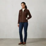Womens Dark Brown Suede Jacket with Chest Pockets Classic Zip Style