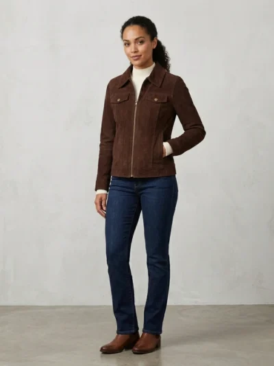 Womens Dark Brown Suede Jacket with Chest Pockets Classic Zip Style