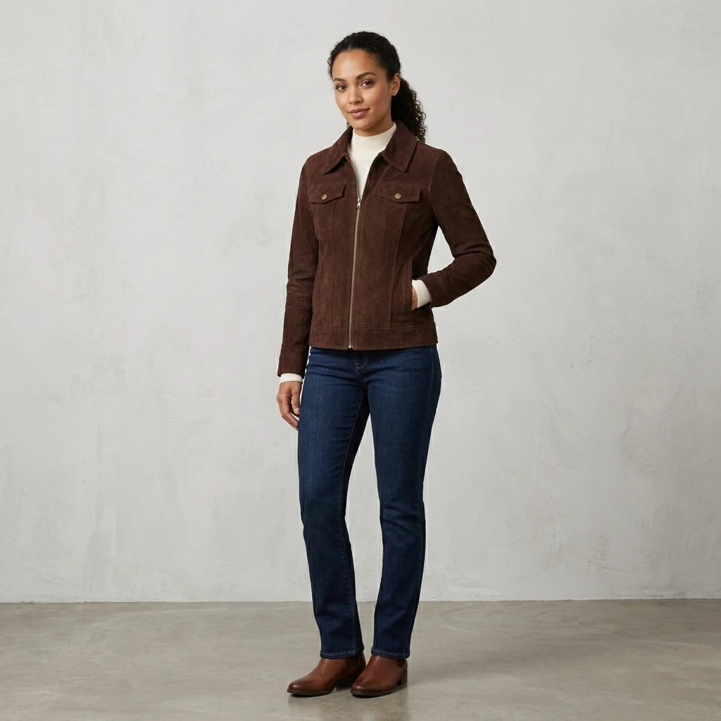 Womens Dark Brown Suede Jacket With Chest Pockets Classic Zip Style (2) Womens Dark Brown Suede Jacket with Chest Pockets Classic Zip Style