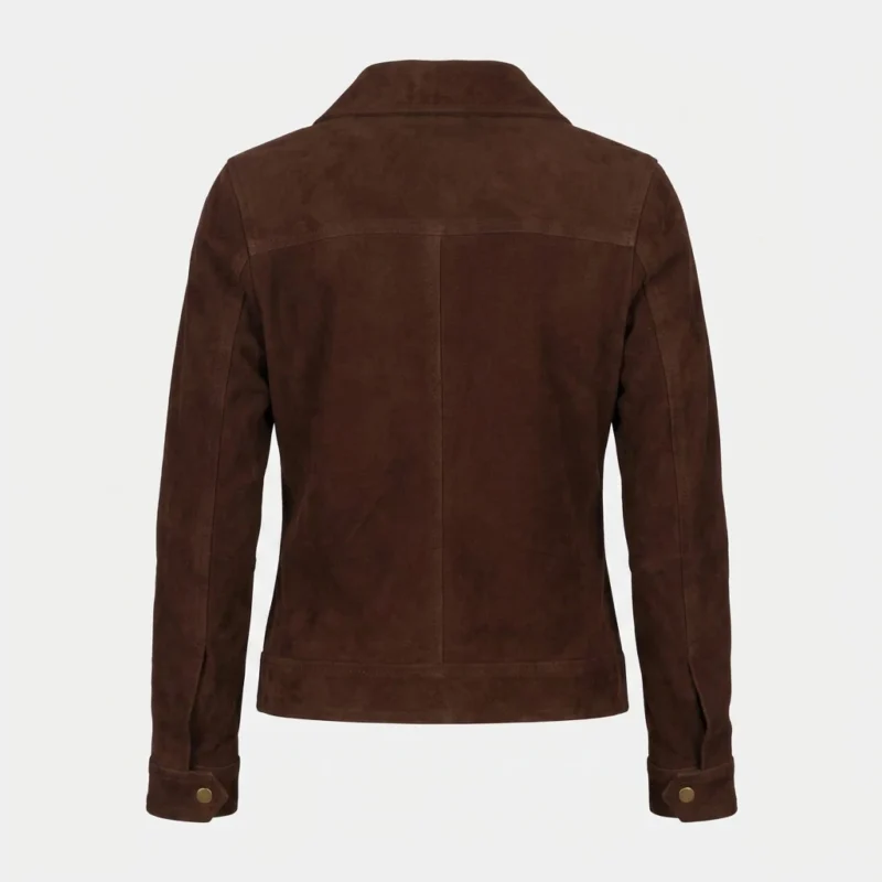 Womens Dark Brown Suede Jacket with Chest Pockets Classic Zip Style - Image 4