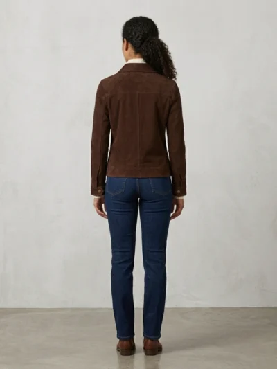 Womens Dark Brown Suede Jacket with Chest Pockets Classic Zip Style back
