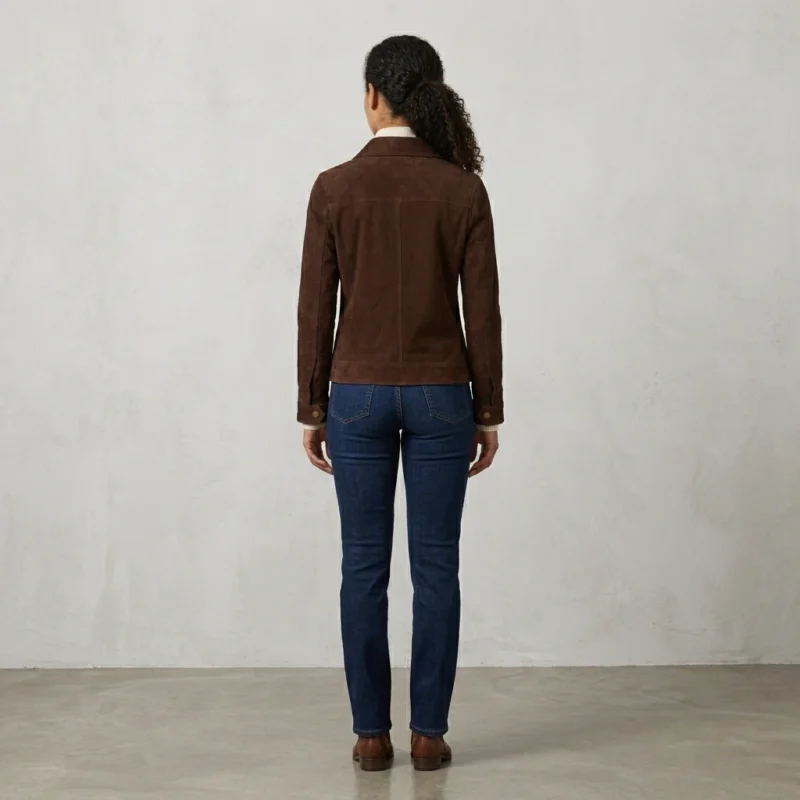 Womens Dark Brown Suede Jacket with Chest Pockets Classic Zip Style back