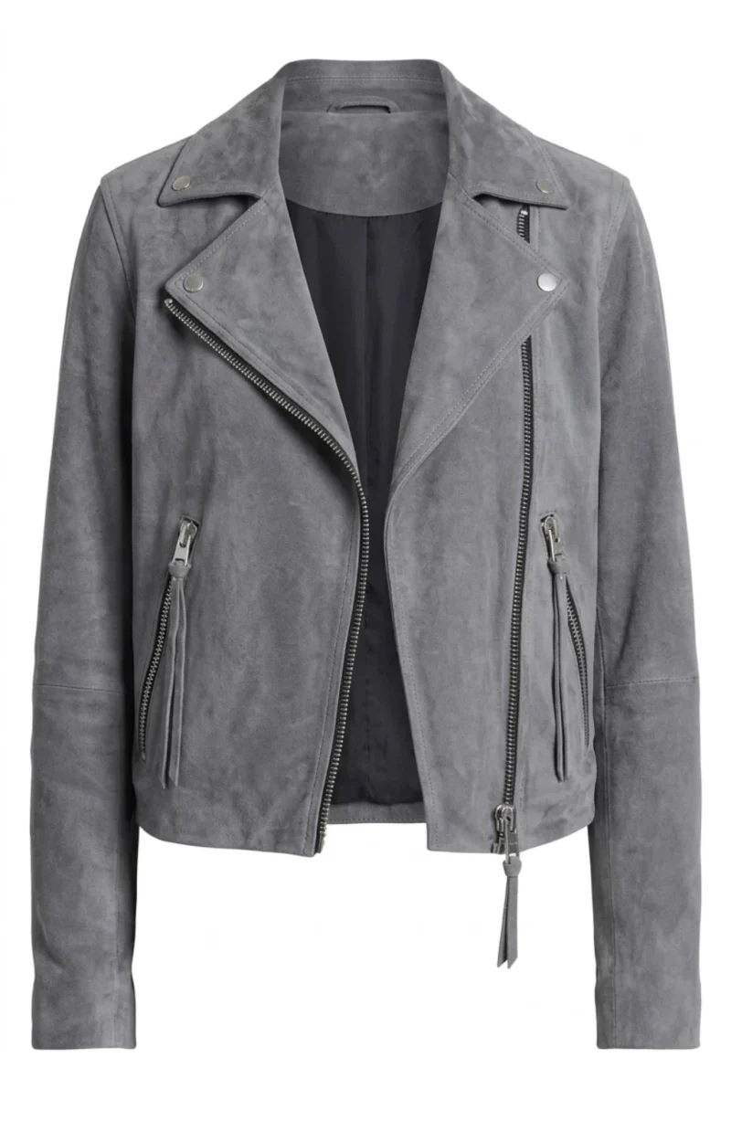 Women’s Dark Gray Suede Biker Jacket Classic Motorcycle Style