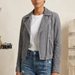 Women’s Dark Gray Suede Biker Jacket Classic Motorcycle Style