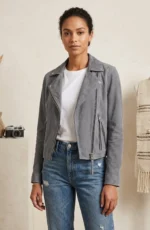Women’s Dark Gray Suede Biker Jacket Classic Motorcycle Style
