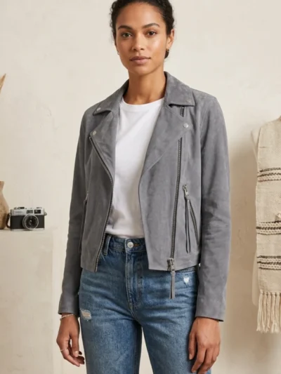 Women’s Dark Gray Suede Biker Jacket Classic Motorcycle Style
