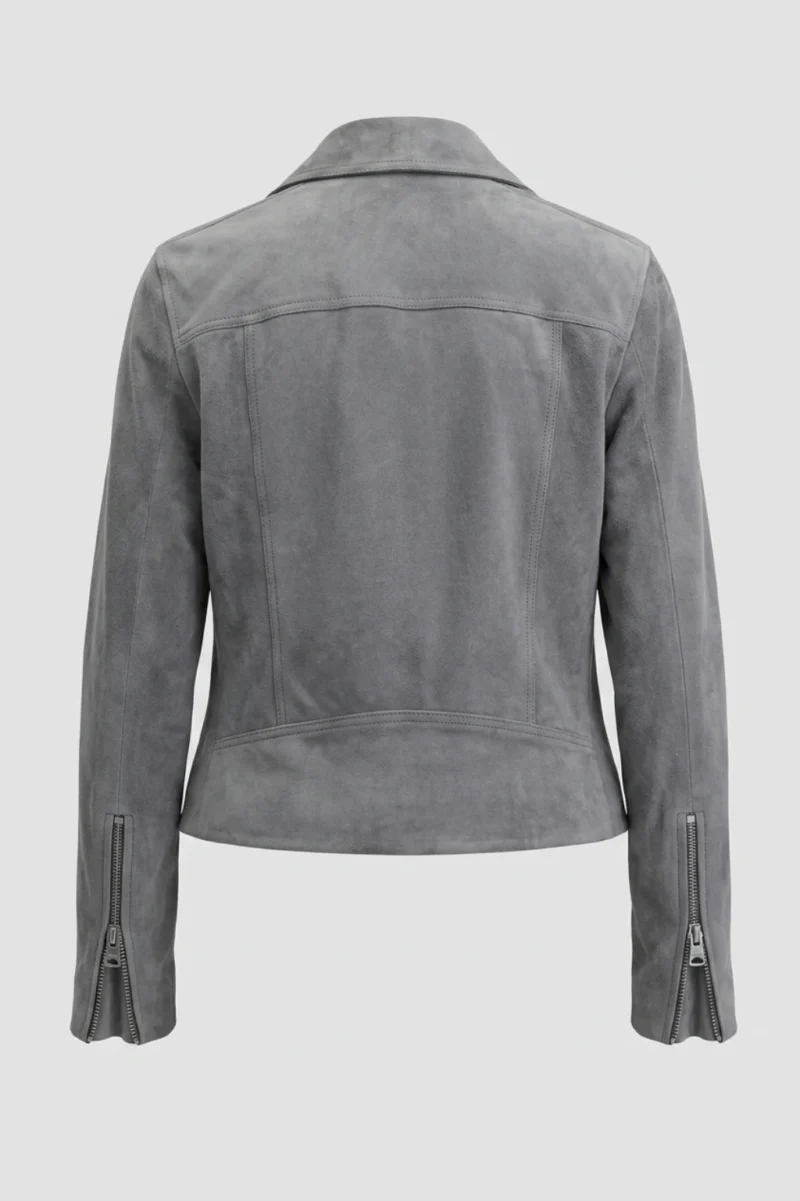 Women’s Dark Gray Suede Biker Jacket Classic Motorcycle Style back