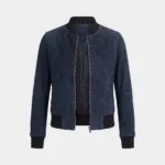 Womens Navy Blue Suede Bomber Jacket Classic Ribbed Style front