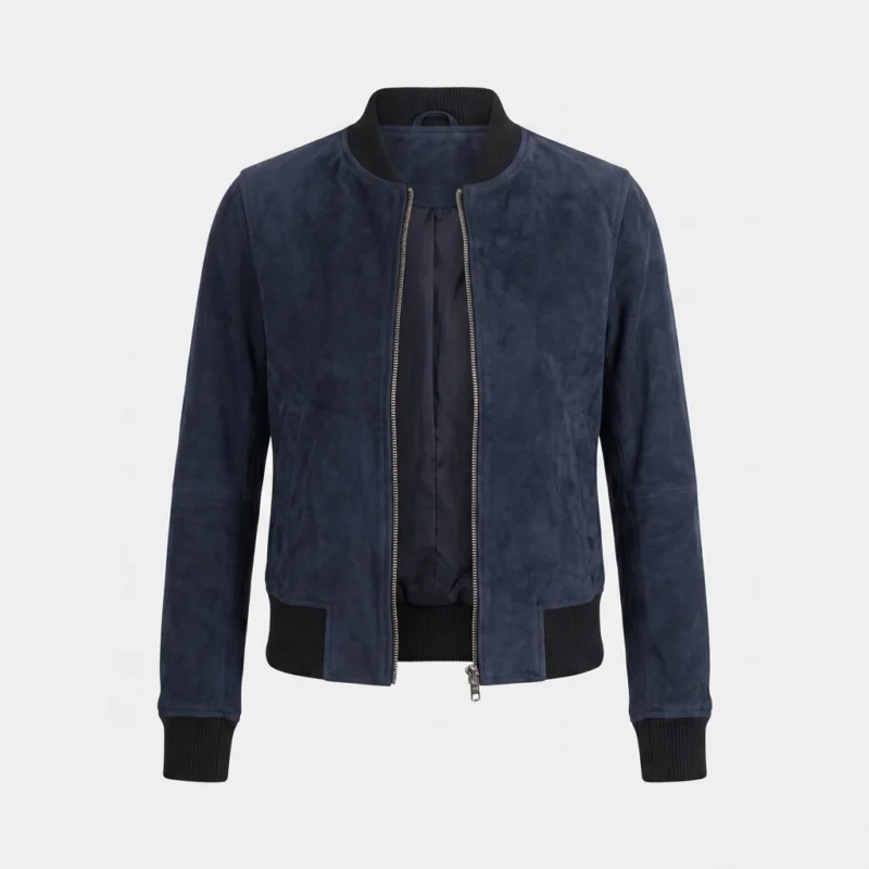 Womens Navy Blue Suede Bomber Jacket Classic Ribbed Style front