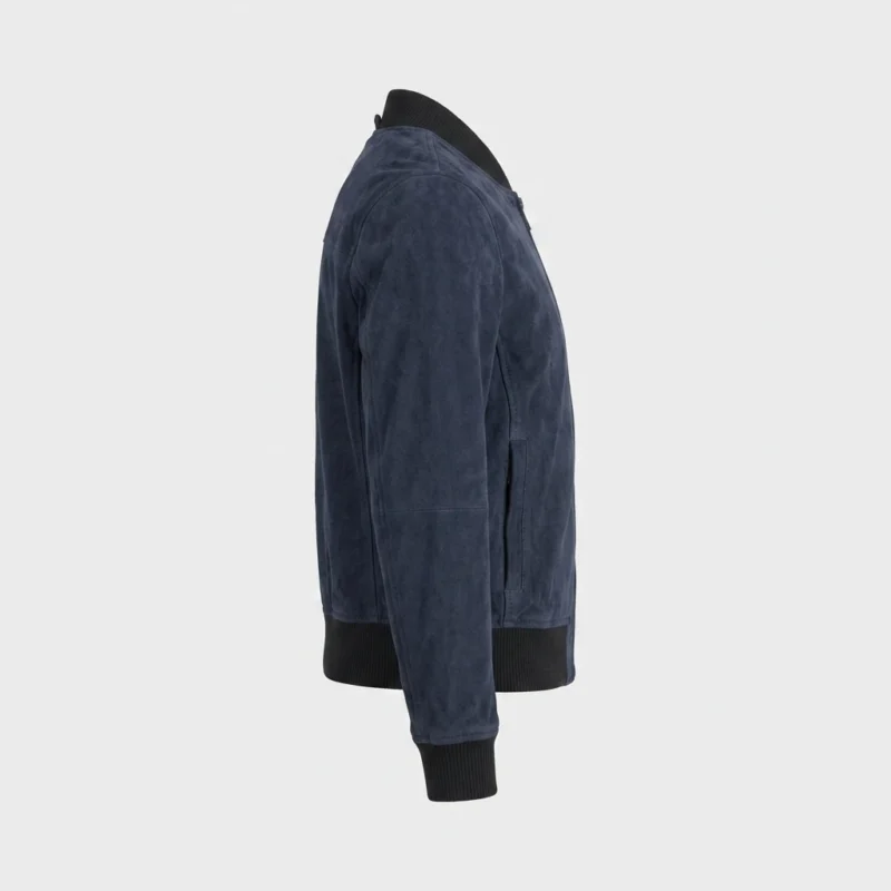 Womens Navy Blue Suede Bomber Jacket Classic Ribbed Style - Image 4