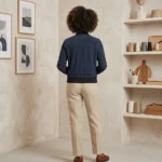 Womens Navy Blue Suede Bomber Jacket Classic Ribbed Style back