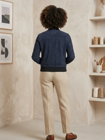 Womens Navy Blue Suede Bomber Jacket Classic Ribbed Style back