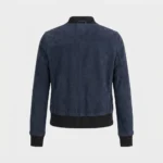 Womens Navy Blue Suede Bomber Jacket Classic Ribbed Style backside