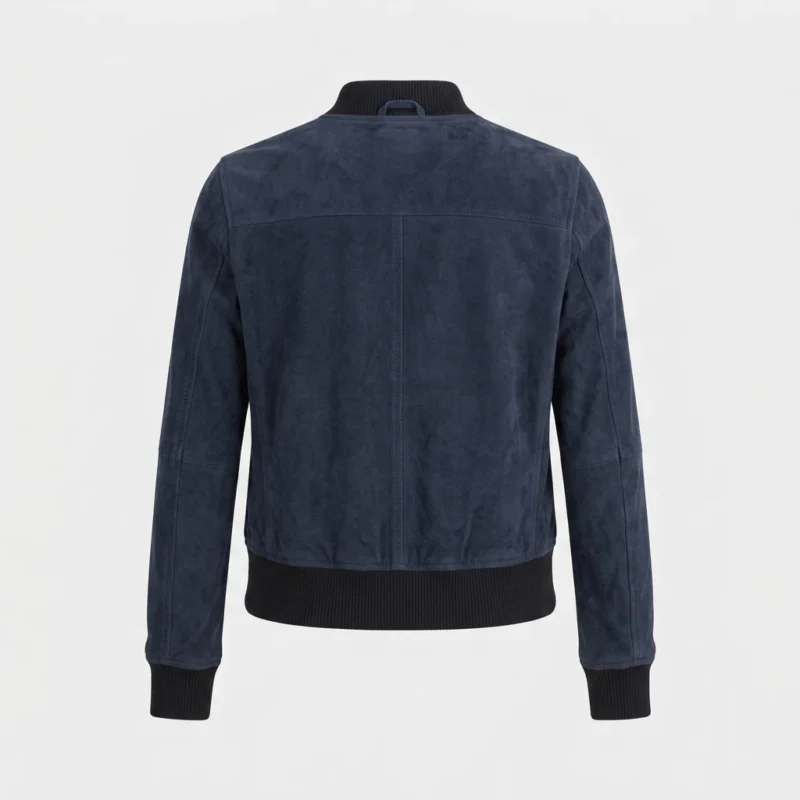 Womens Navy Blue Suede Bomber Jacket Classic Ribbed Style backside