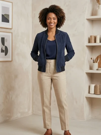 Womens Navy Blue Suede Bomber Jacket Classic Ribbed Style