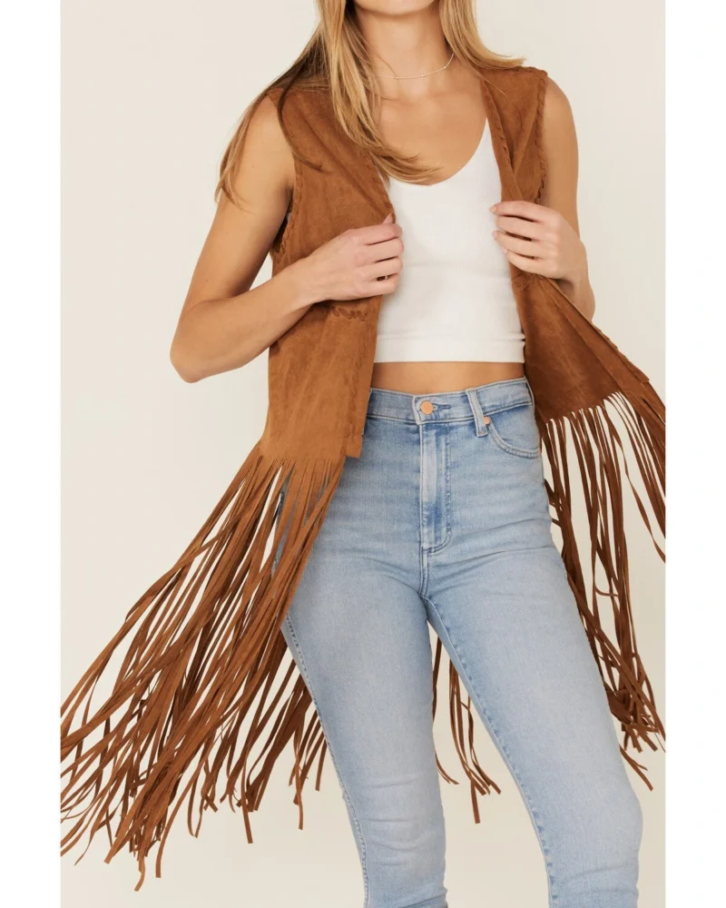 Womens Suede Leather Fringe Vest – Western Cowboy Sleeveless Vest - Image 3