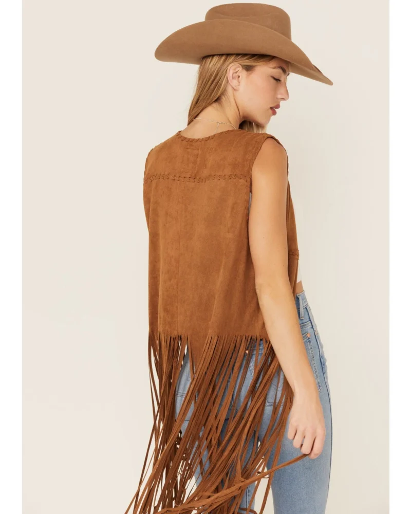 Womens Suede Leather Fringe Vest back side