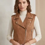Women’s Tan Suede Biker Vest Asymmetrical Zipper