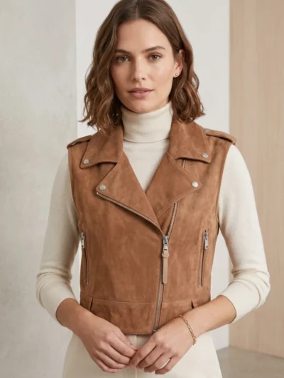 Women’s Tan Suede Biker Vest Asymmetrical Zipper