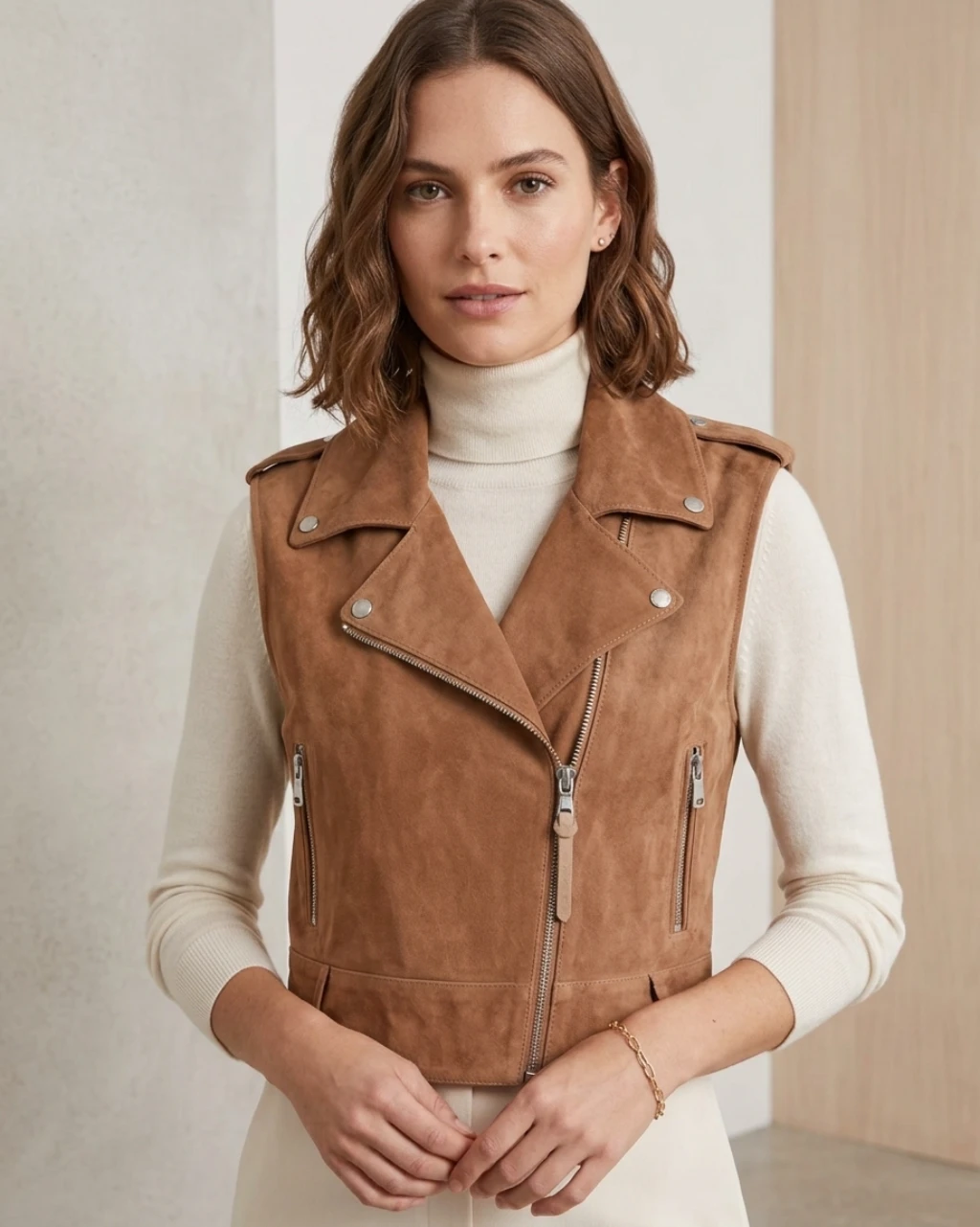 Womens Tan Suede Biker Vest With Asymmetrical Zipper Western Style (1) Women’s Tan Suede Biker Vest Asymmetrical Zipper