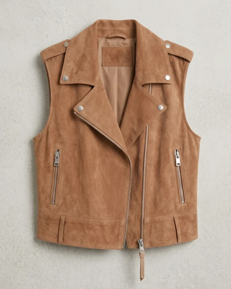 Women’s Tan Suede Biker Vest Asymmetrical Zipper