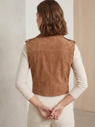 Women’s Tan Suede Biker Vest Asymmetrical Zipper backside