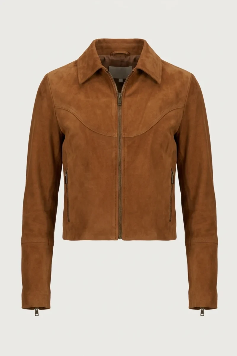 Womens Tan Suede Jacket Classic Western Yoke Zip Front Style - Image 3