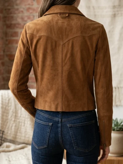 Womens Tan Suede Jacket Classic Western Yoke Zip Front Style back