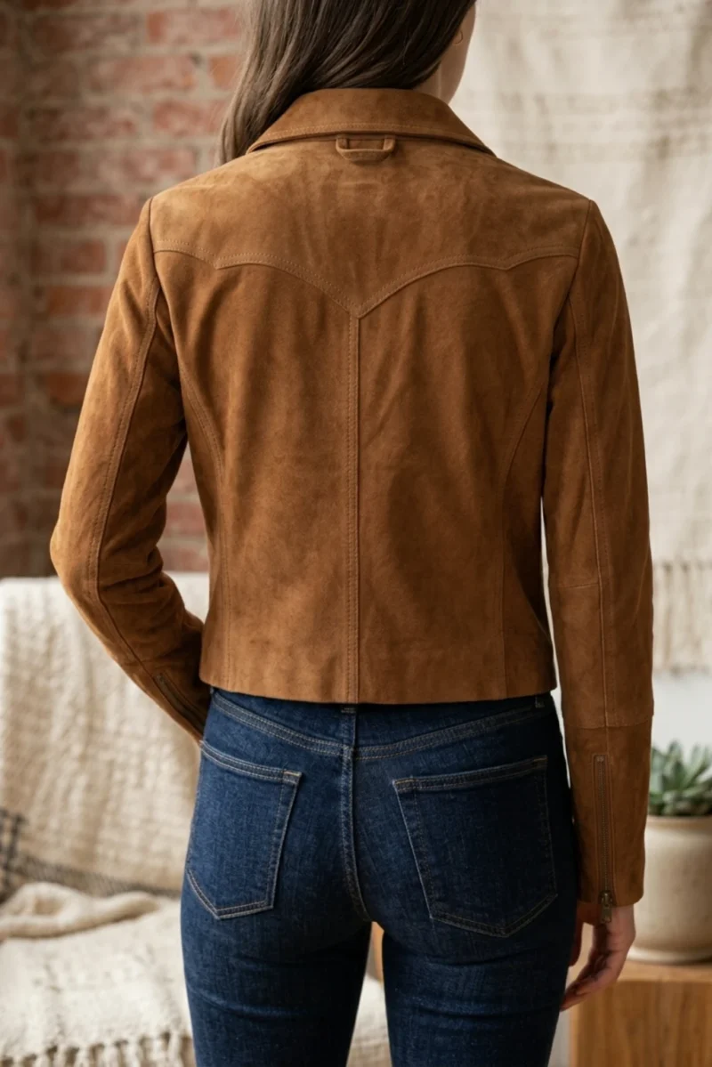 Womens Tan Suede Jacket Classic Western Yoke Zip Front Style back