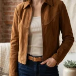 Womens Tan Suede Jacket Classic Western Yoke Zip Front Style front