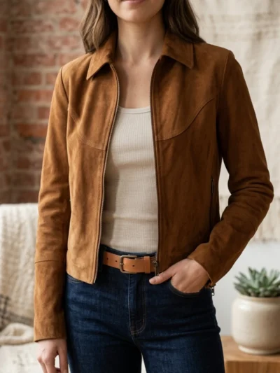 Womens Tan Suede Jacket Classic Western Yoke Zip Front Style front