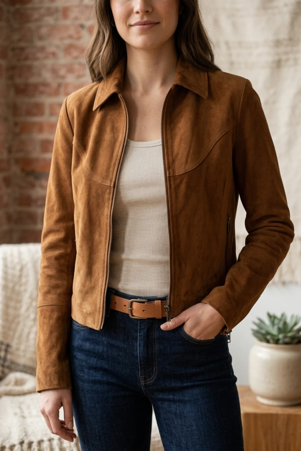 Womens Tan Suede Jacket Classic Western Yoke Zip Front Style (5) Womens Tan Suede Jacket Classic Western Yoke Zip Front Style front