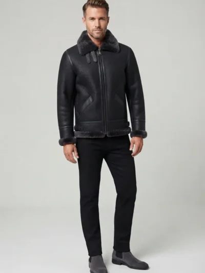 Mens Black Genuine Shearling B3 Aviator Flight Jacket