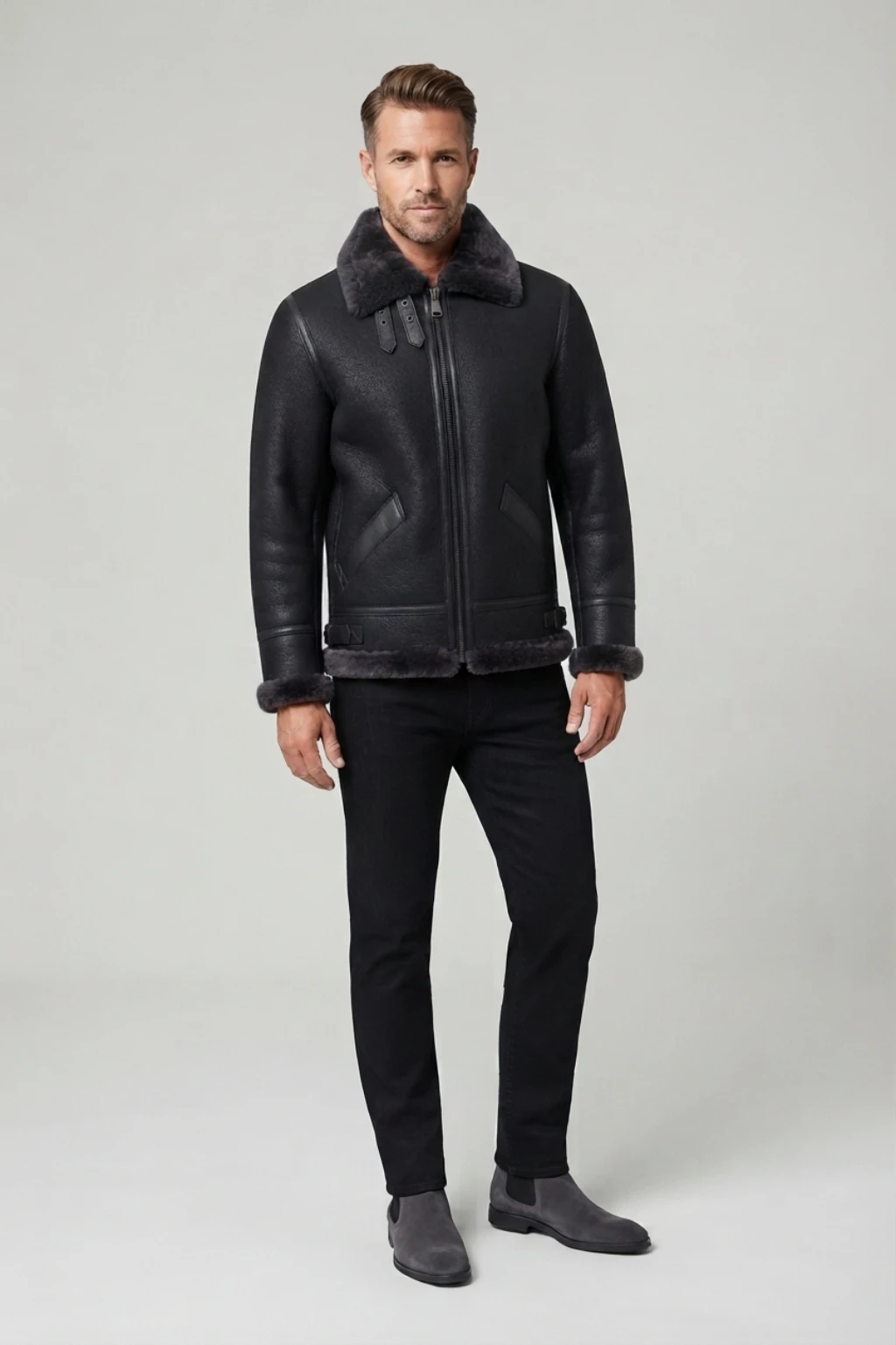 Mens Black Genuine Shearling B3 Aviator Flight Jacket (1) Mens Black Genuine Shearling B3 Aviator Flight Jacket