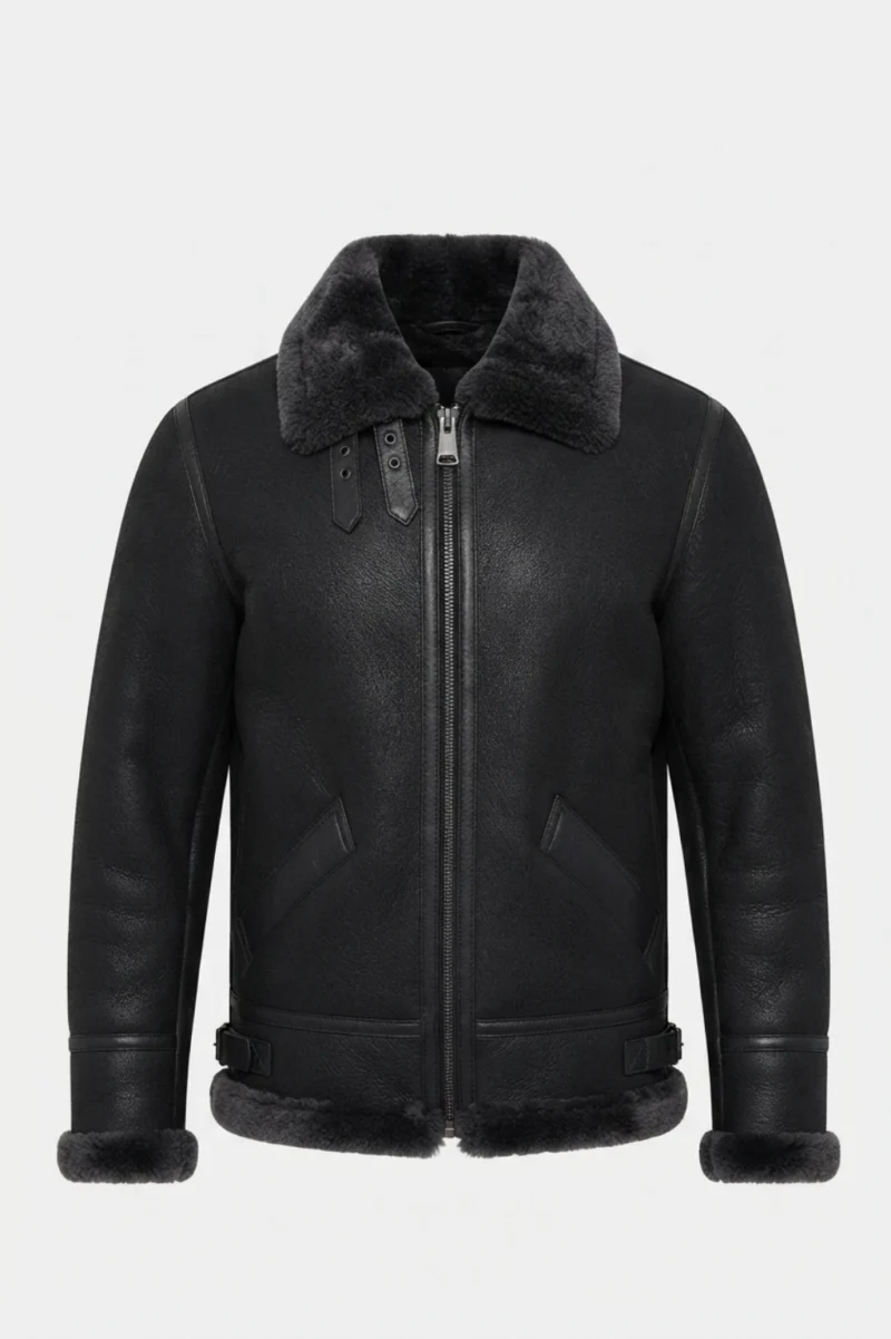 Mens Black Genuine Shearling B3 Aviator Flight Jacket front