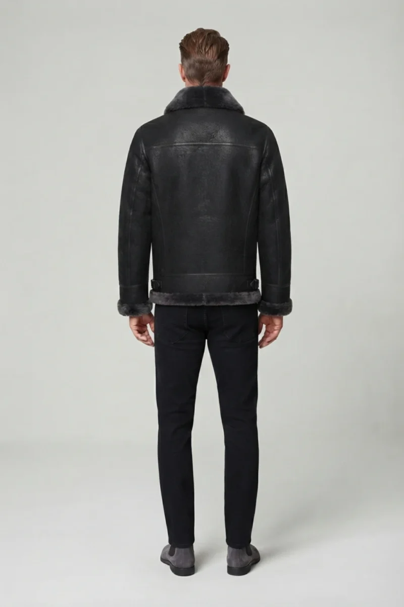 Mens Black Genuine Shearling B3 Aviator Flight Jacket back