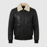 Men’s Black Leather Bomber Jacket with Shearling Collar and Flap Pockets