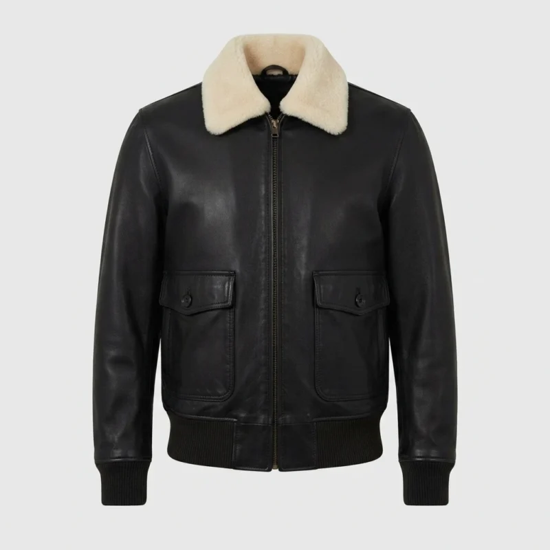 Men’s Black Leather Bomber Jacket with Shearling Collar and Flap Pockets