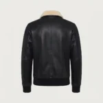 Men’s Black Leather Bomber Jacket with Shearling Collar and Flap Pockets back